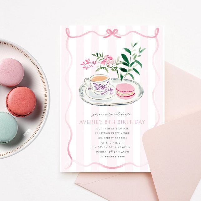 Finare Rosa Bow Macaron Tea Party Coquette Birthda Inbjudningar (Skapare uppladdad)