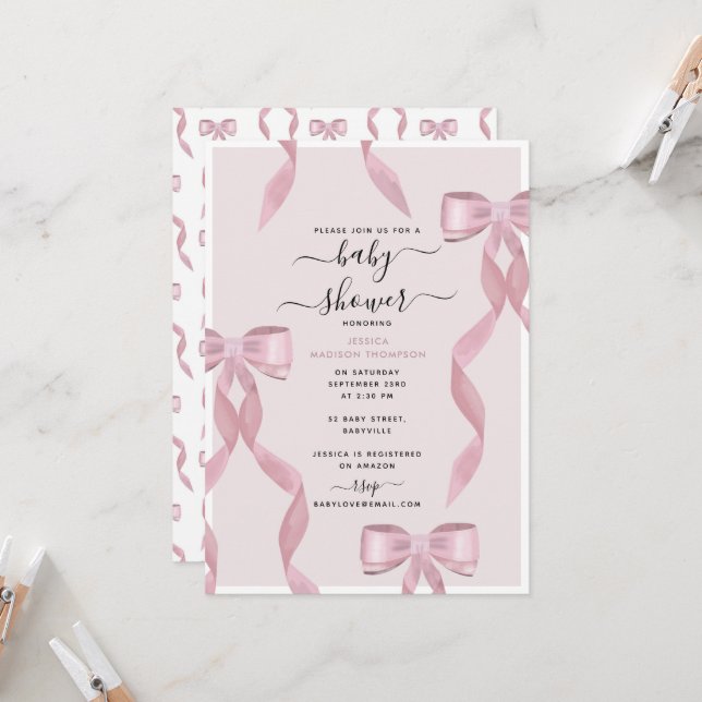 Finare Rosa Bow Theme Girly Baby Shower Inbjudningar (Fram/Back In Situ)
