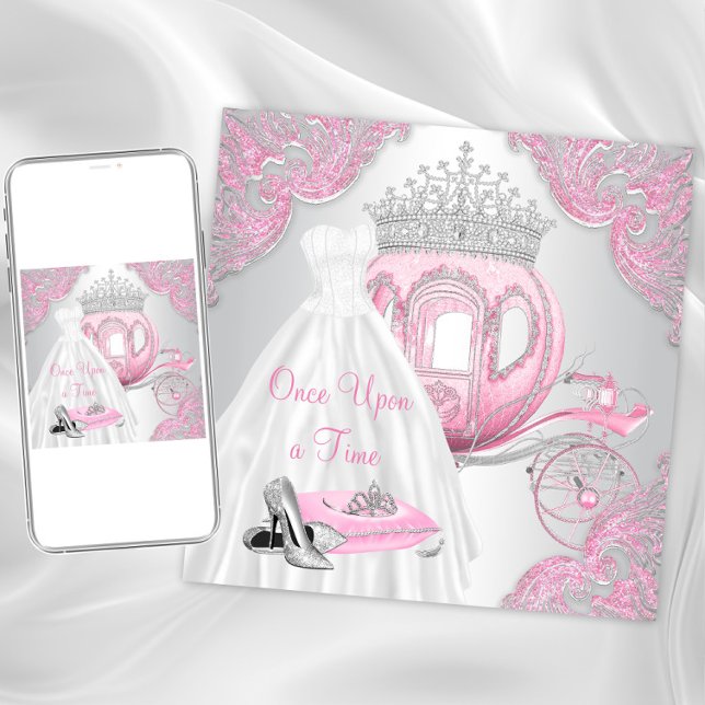 Finare Rosa Cinderella Princess Födelsedagsfest Inbjudningar (Cinderella birthday party invitation. Instant download and printed invitations available.)