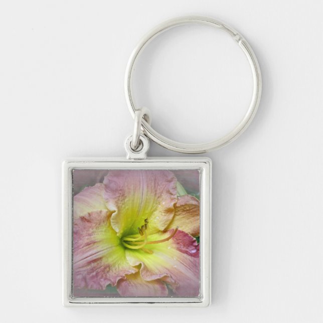 Finare Rosa Daylily Blommar Fyrkantig Silverfärgad Nyckelring (Framsidan)