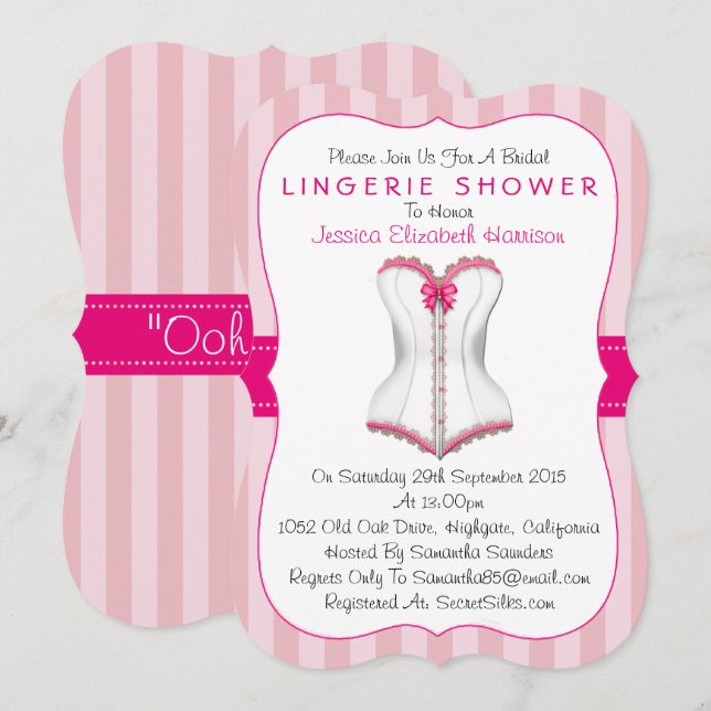 Finare Rosa & White Corset Lingerie Shower Inbjudningar (Fram/baksida)