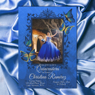 Finare Royal Blue, Guld Butterfly Quinceanera Inbjudningar