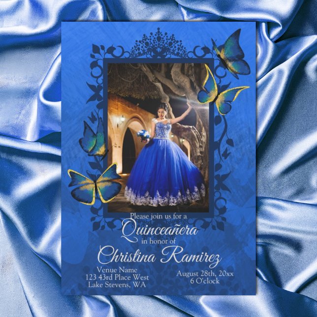 Finare Royal Blue, Guld Butterfly Quinceanera Inbjudningar (fancy blue and gold quinceanera invitation, royal blue dress photo mis quince, gold butterflies)