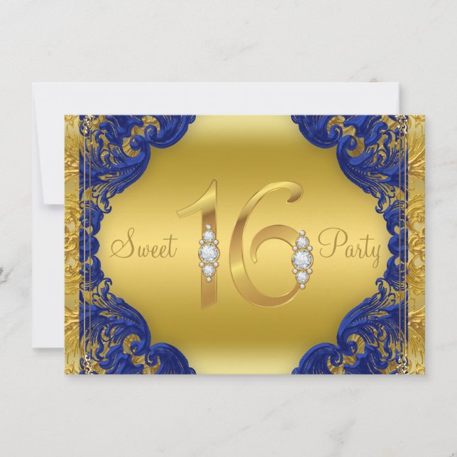 Finare Royal Blue Guld Sweet 16 Födelsedagsfest Inbjudningar (Framsida)