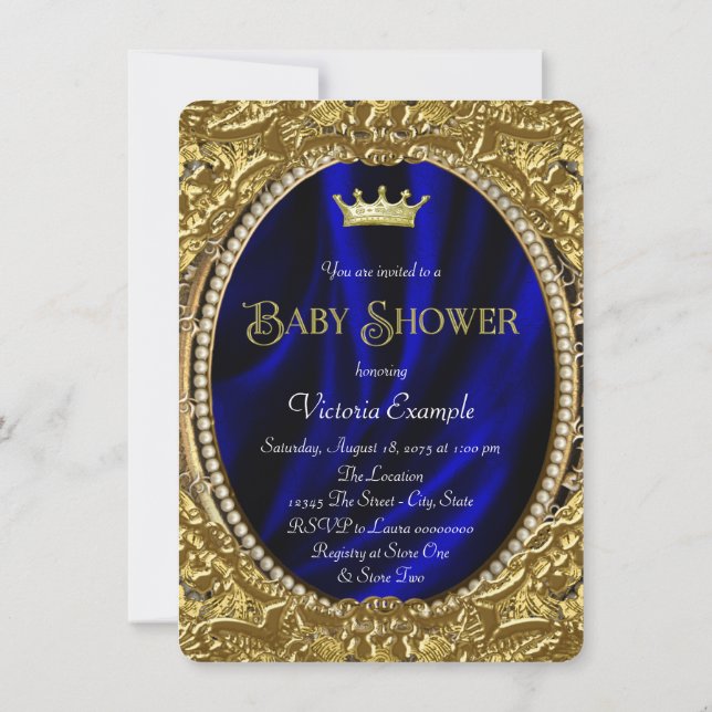 Finare Royal Blue och Guld Prince Baby Shower Inbjudningar (Baksida)