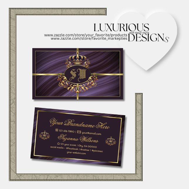 Finare Royal Lila Guld Krona med Monogram Noble Visitkort (Skapare uppladdad)