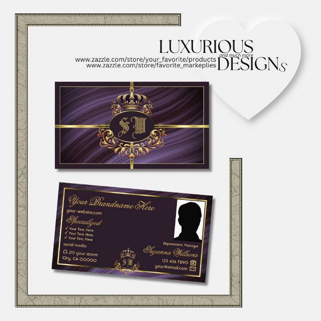 Finare Royal Lila Guld Krona med Monogram Photo Visitkort (Skapare uppladdad)