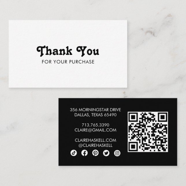 Finare Script Chic B&W-beställning Tack Minimal QR Visitkort (Fram/baksida)