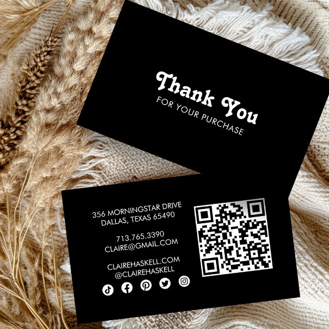 Finare Script Chic B&W-beställning Tack Minimal QR Visitkort (Fancy Script Chic B&W Order Thank You Minimal QR Business Card
)