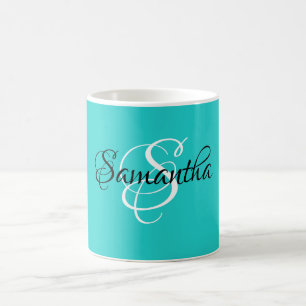 Finare Script Robin Egg Färg Monogram Womans Kaffemugg