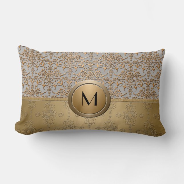 Finare Simulated Guld och Silver Monogram Damask Lumbarkudde (Framsida)