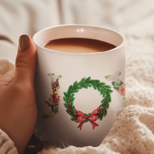 Finare-skript med enkel blommigt Julkrans och fris Kaffemugg