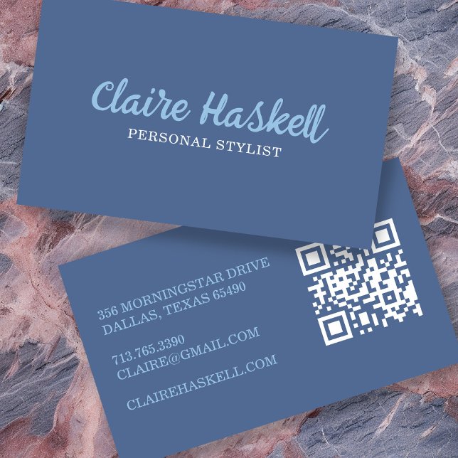 Finare-skript, mjuk, sommarminimalistisk modern QR Visitkort (Fancy Script Soft Summer Minimalist Modern QR Code Business Card
Blue)