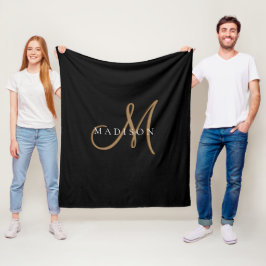 Finare Snyggt Black och Guld Monogram-skript Fleecefilt