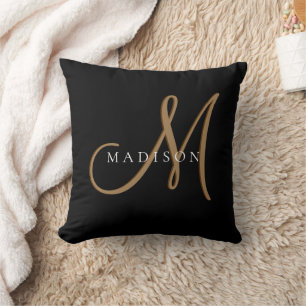 Finare Snyggt Black och Guld Monogram-skript Kudde