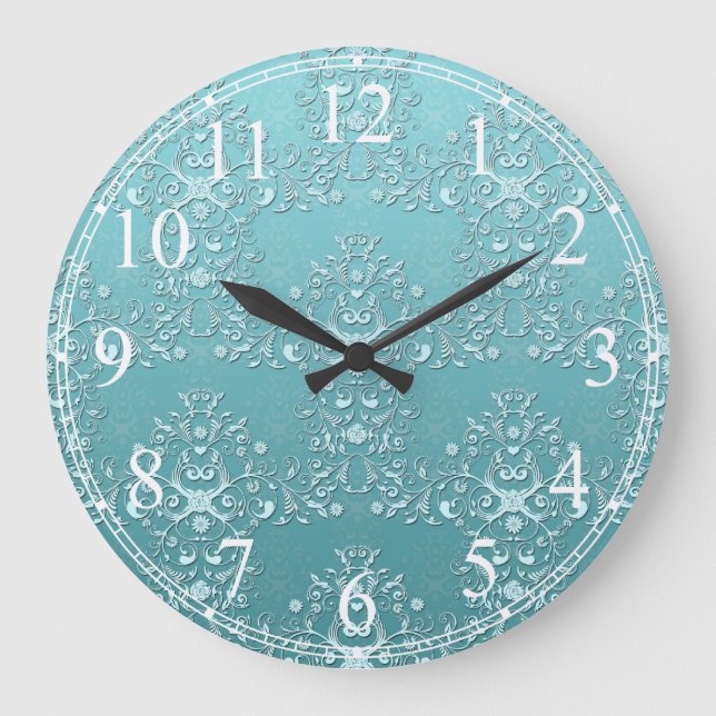 Finare Teal Aqua Turquise och White Damask Stor Klocka (Framsida)