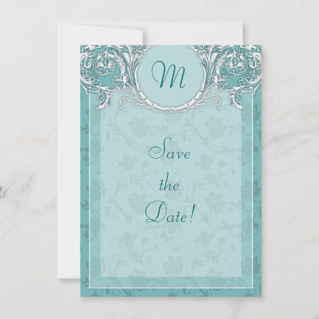 Finare Teal Baroque Monogram Spara datumkortet Inbjudningar (Framsida)