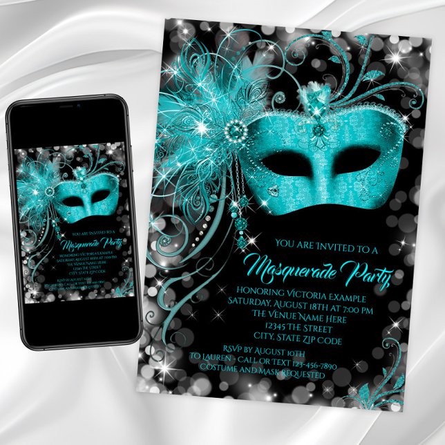 Finare Teal Blue Glitter MasqueraParty Inbjudningar (Teal masquerade party invitations with jewel mask. Any number birthday masquerade or event.)