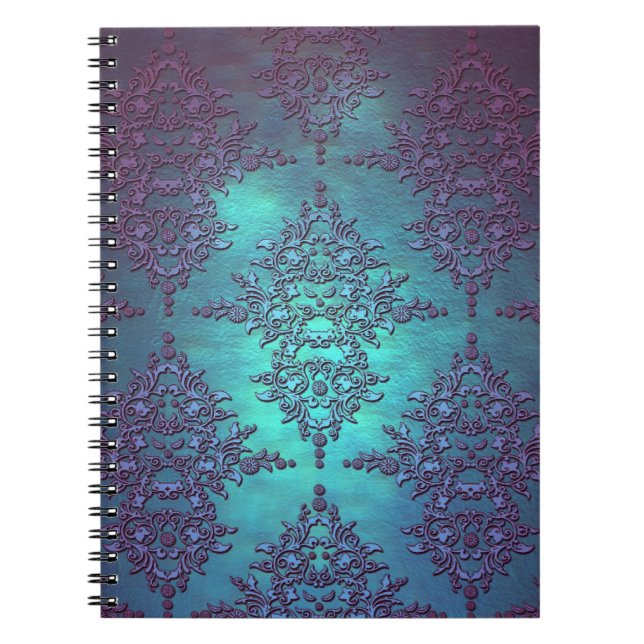 Finare Teal to Lila Damask Pattern Anteckningsbok (Framsidan)