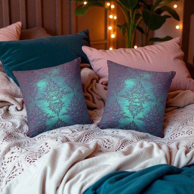 Finare Teal to Lila Damask Pattern Kudde (Skapare uppladdad)