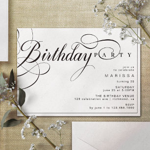 Finare Vintage Calligraphy Black and White Birthda Inbjudningar
