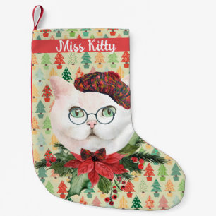 Finare White Cat & Poinsettia Anpassningsbar Liten Julstrumpa