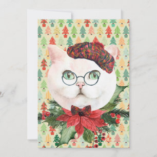 Finare White Cat & Poinsettia Helgdag Card