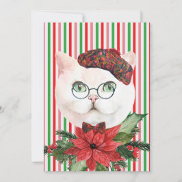 Finare White Cat & Poinsettia Helgdag Card