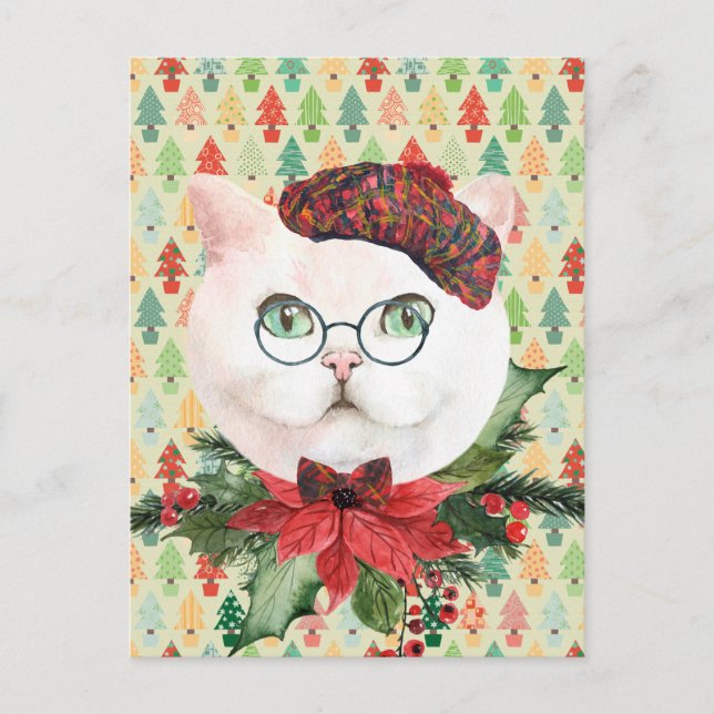 Finare White Cat & Poinsettia Helgdag Vykort (Framsida)