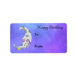 Finare White Crescent Måne Söt Ansikte Lila himlar Adressetikett