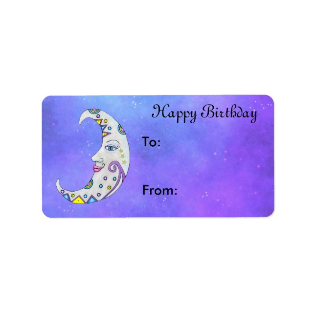 Finare White Crescent Måne Söt Ansikte Lila himlar Adressetikett (Framsidan)