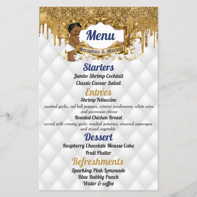 Finare White|Guld Drip Glitter African Prince Menu Flygblad (Framsidan)