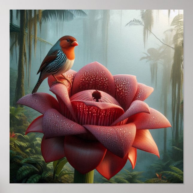 Finch on Giant Jungle Flower in Moody Tropical  Poster (Framsidan)