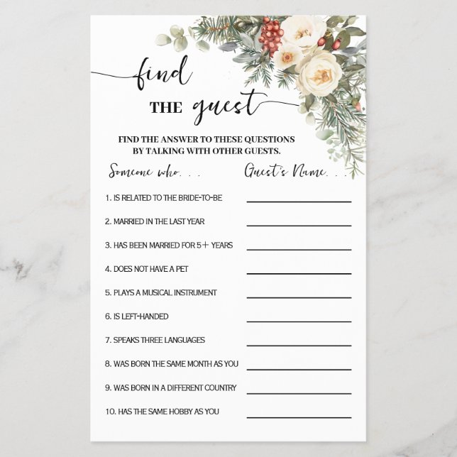 Find the Guest Winter Bridal Shower Game Card Flygblad (Framsidan)