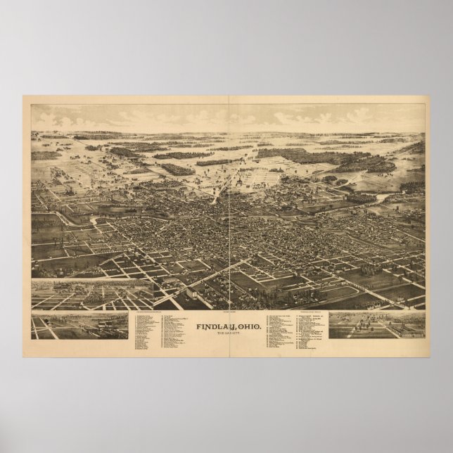 Findlay Ohio 1889 Antique Panoramic Karta Poster (Framsidan)