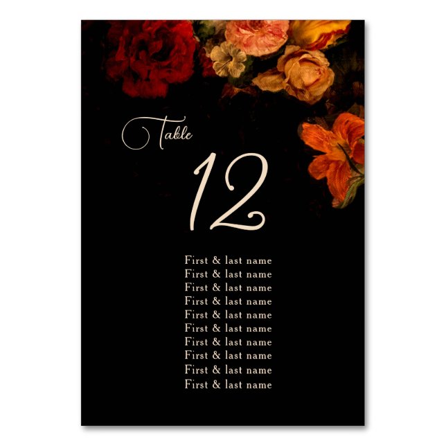 Fine Art Dark Moody Floral Wedding  Seating Chart Bordsnummer (Framsidan)