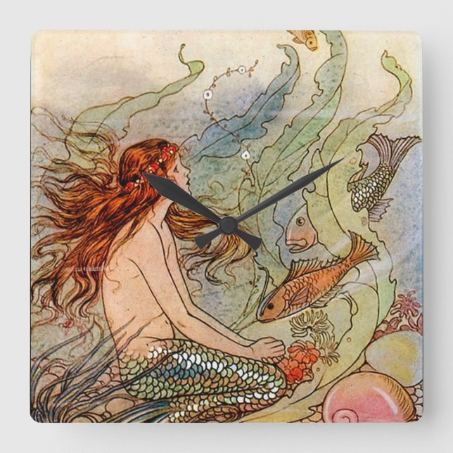 Fine Art Mermaid Ilustration Poster Fyrkantig Klocka (Framsida)