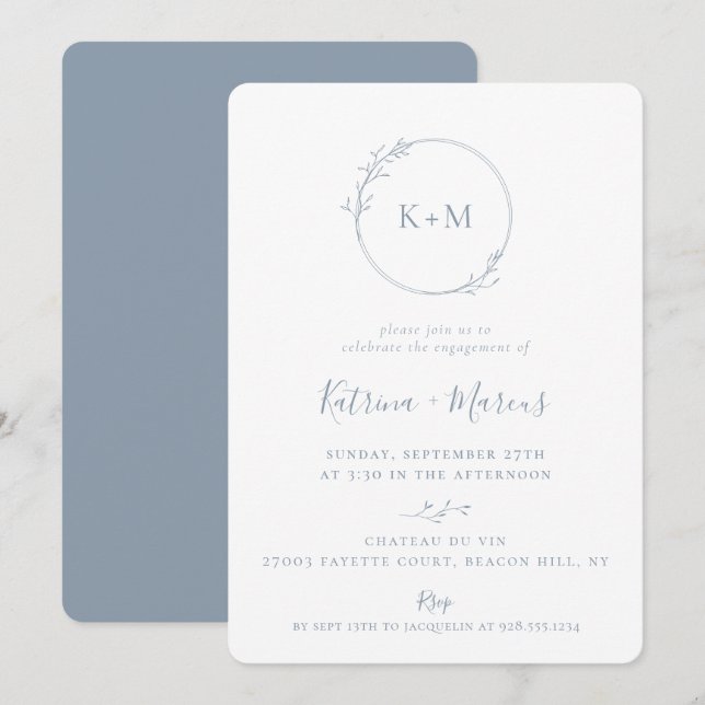 Fine Art Monogram Dusty Blue-Förlovningsfest Inbjudningar (Fram/baksida)
