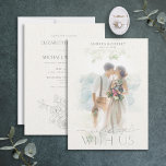 Fine Art Watercolor Grått Blommigt Photo Bröllop I Inbjudningar<br><div class="desc">Trendig och elegant, den här enkla inbjudan till bra konsbröllop är i en underbar större storlek och innehåller ditt favoritfoto på framsidan, bakom en papper faux-vattenfärg och en fotomallmask, skapar att bilden ser ut som en vattenfärgsmålning. "Fira med oss" i elegant, inklusive handskriven kalligrafi. Baksidan av inbjudan innehåller all din...</div>