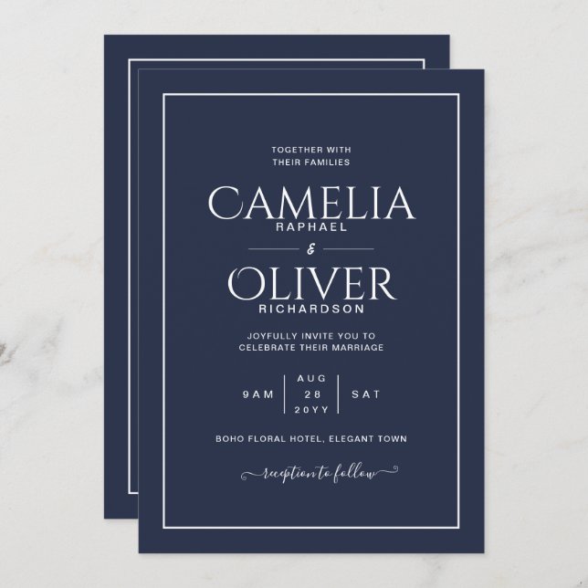 Finest Navy Blue White MONOCHROME Bröllop Inbjudningar (Fram/baksida)
