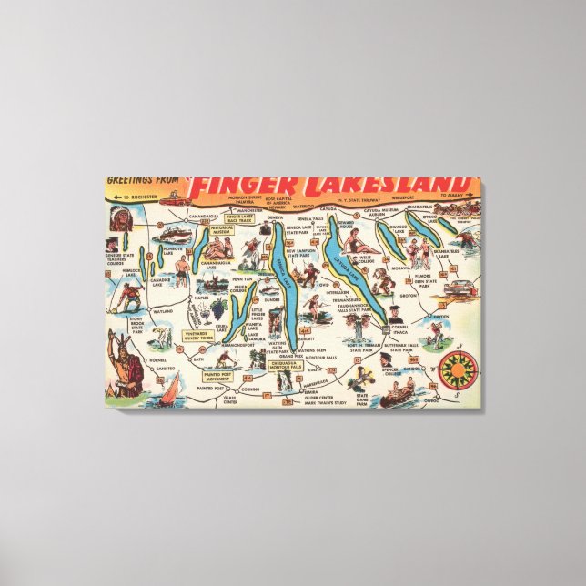 Fingersjöar, New York - Karta Canvastryck (Framsida)