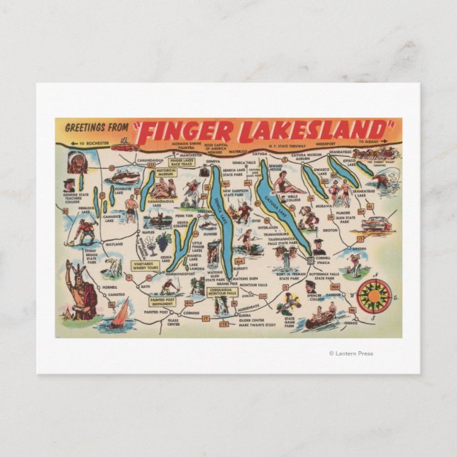 Fingersjöar, New York - Karta Vykort (Framsida)