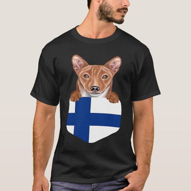Finland Flag Basenji Dog In Pocket T Shirt (Framsida)