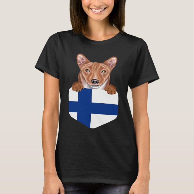 Finland Flag Basenji Dog In Pocket T Shirt (Framsida)