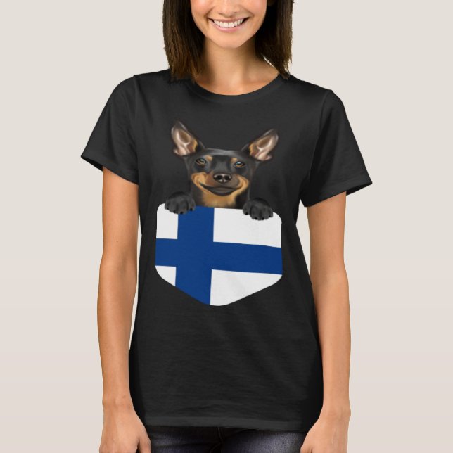 Finland Flag Miniature Pinscher Dog In Pocket T Shirt (Framsida)