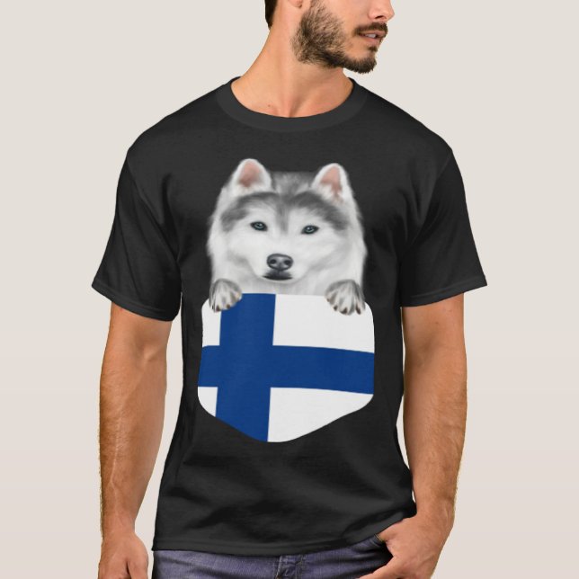 Finland Flag Siberian Husky Dog In Pocket T Shirt (Framsida)