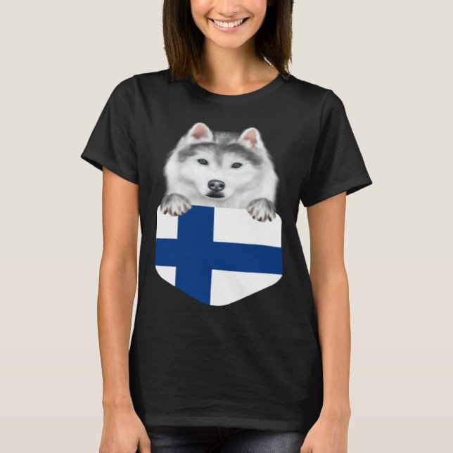 Finland Flag Siberian Husky Dog In Pocket T Shirt (Framsida)
