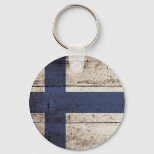 Finland flagga på gammalt Wood korn Nyckelring