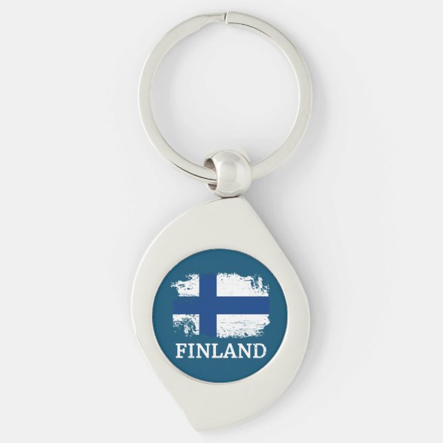 Finland Flagga Swirl Silverfärgad Nyckelring (Framsidan)