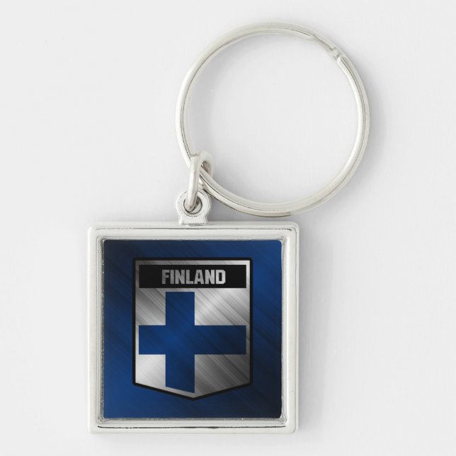 Finland Fyrkantig Silverfärgad Nyckelring (Framsidan)